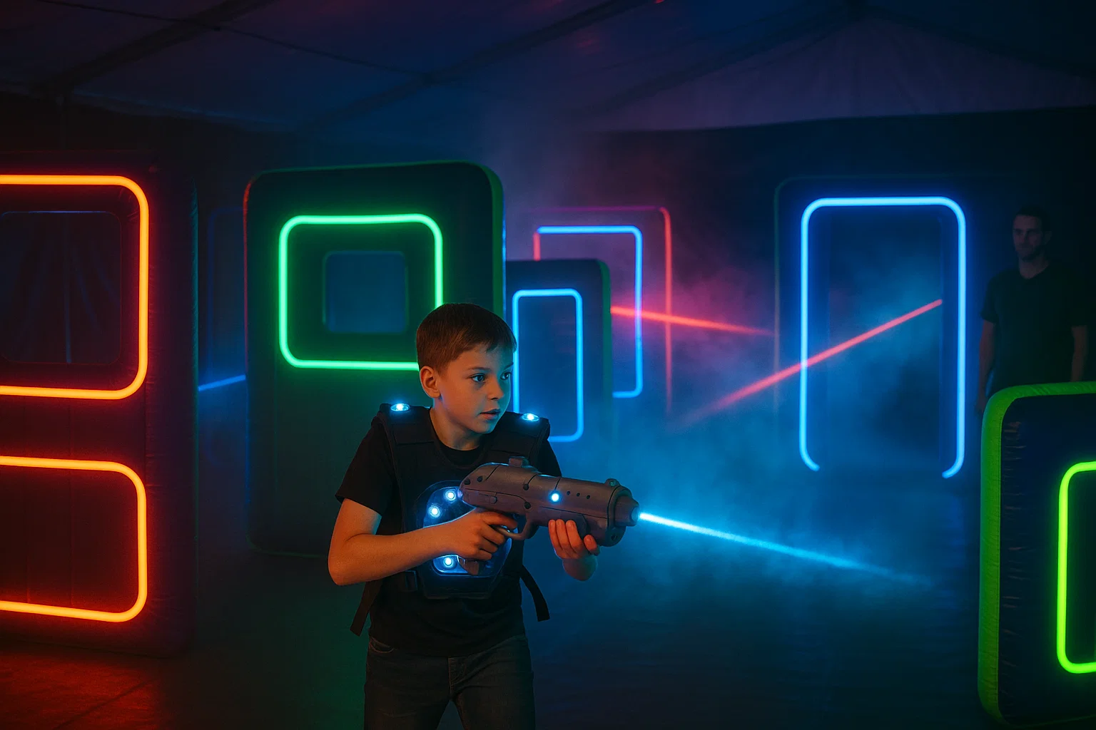 Arena de láser tag con obstáculos brillantes