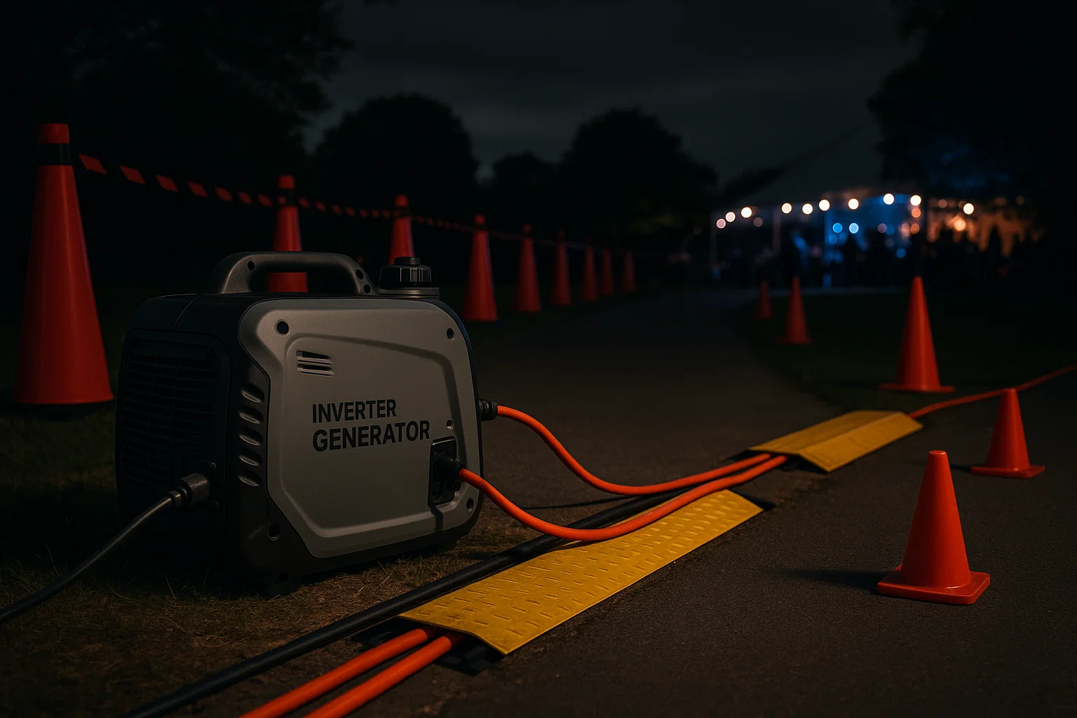 Quiet inverter generator staged far from guests with heavy gauge cords under cable ramps