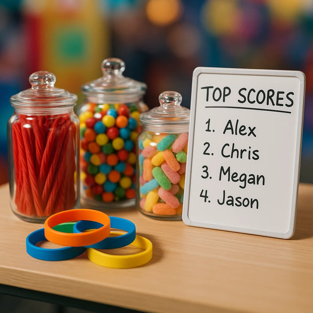 Prize table with candy jars and handwritten top-scores board