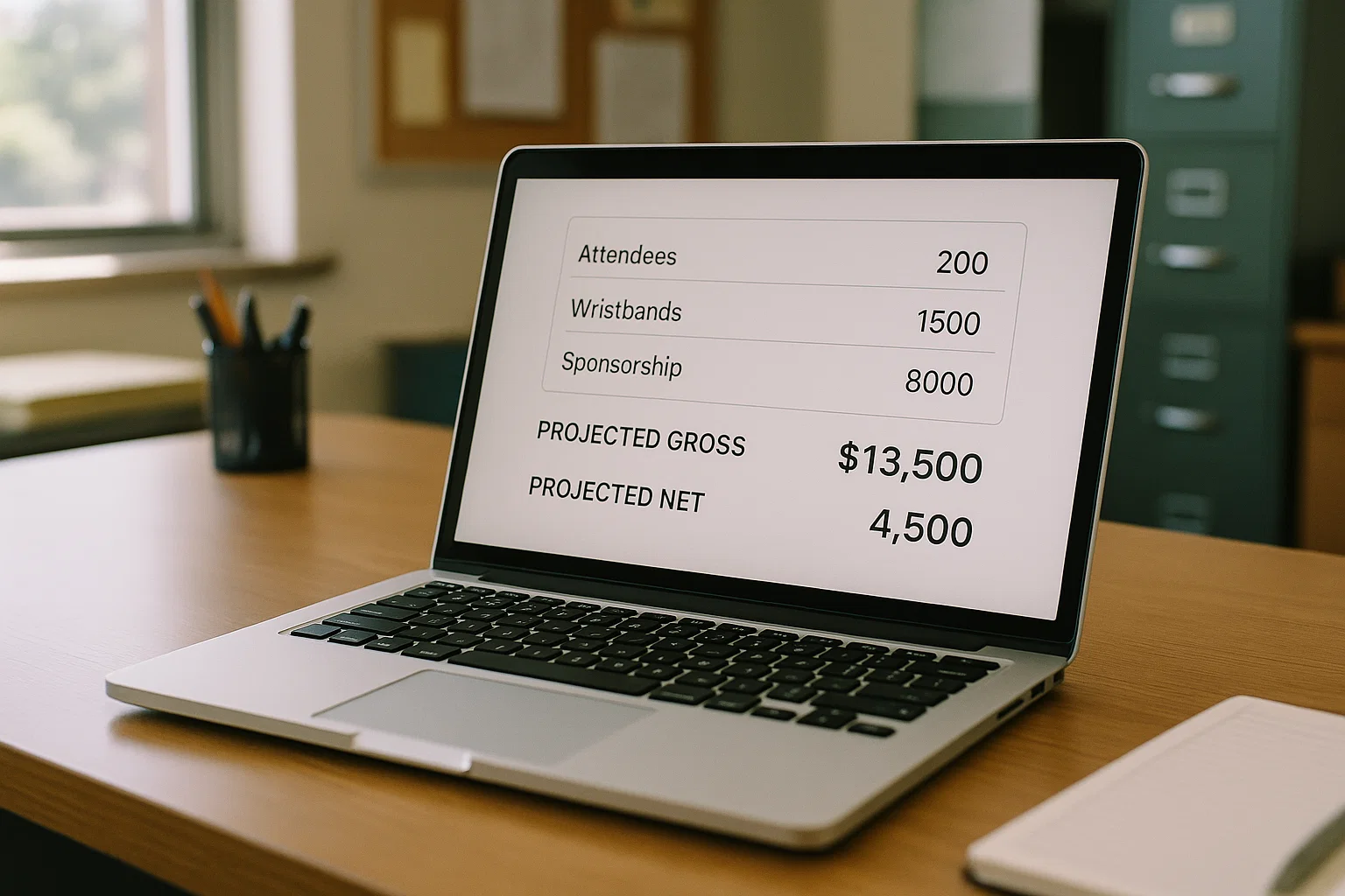 Laptop with a generic profit calculator showing inputs and projected totals