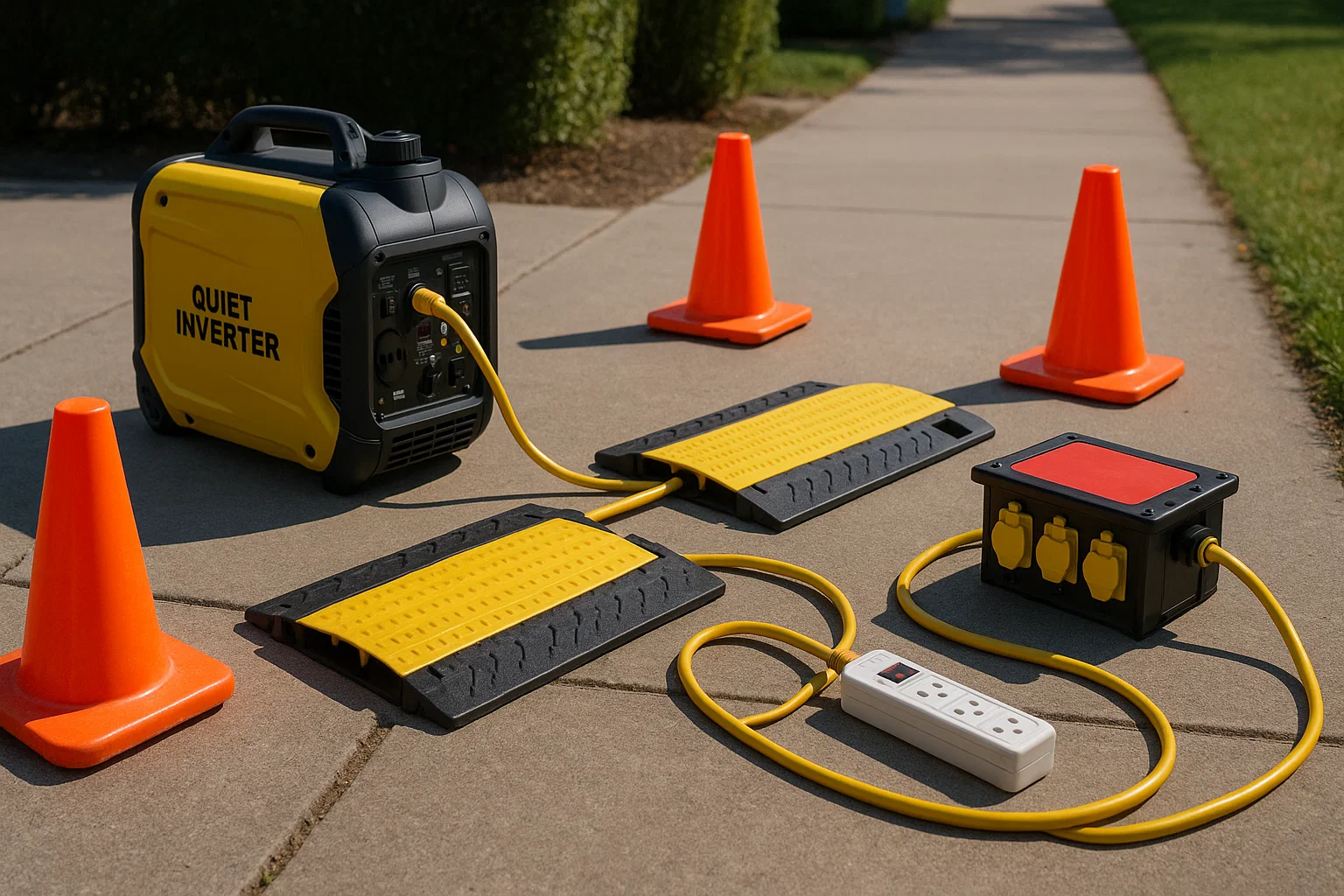 Inverter generator with cable ramps and GFCI distribution for an outdoor screen setup
