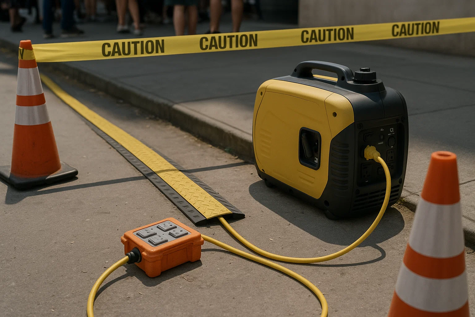 Inverter generator with cable ramps and GFCI distribution placed safely at a carnival