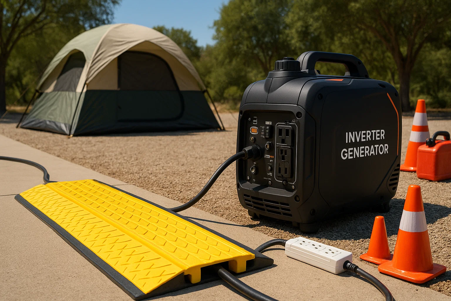 Inverter generator with cable ramps and safe clearances near a tent