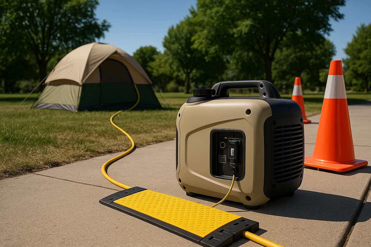 Inverter generator set at a safe distance with cable ramps protecting power runs