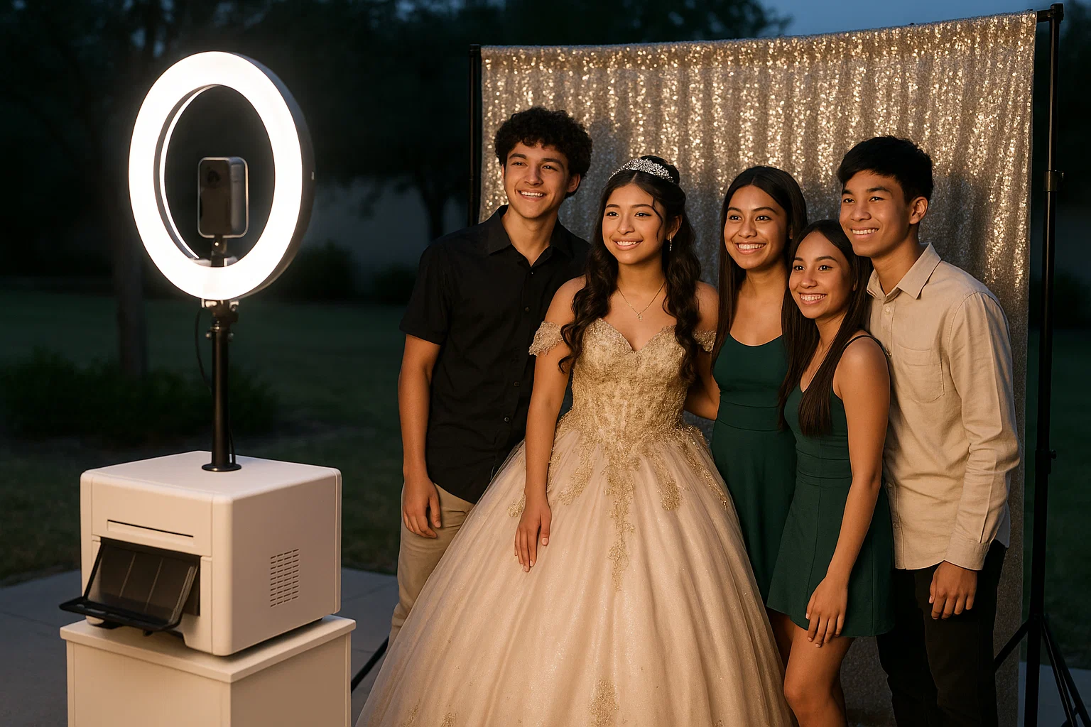 Cabina de fotos 360 con ring light y telón brillante