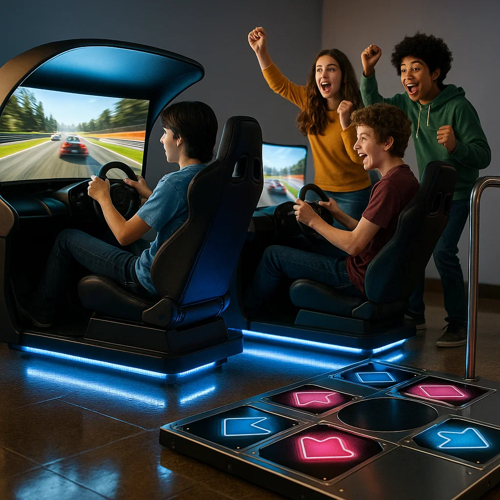 Twin racing cockpits beside rhythm dance game with cheering teens