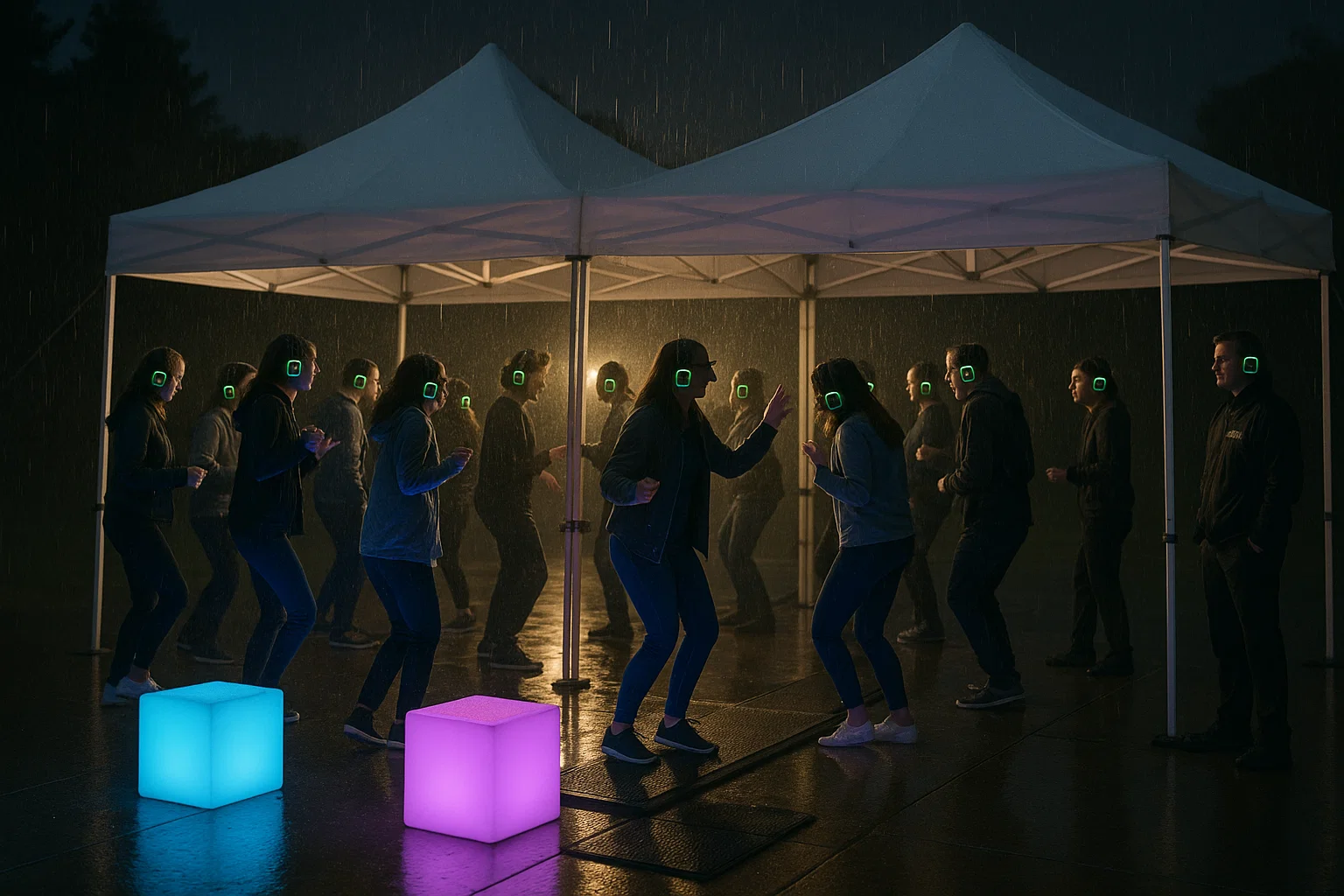 Silent disco under open sided tents during light rain with safe cord routing and dry mats