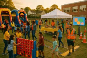 Daytime school carnival on a grassy field with inflatables, giant games, a prize desk, and an LED sponsor loop