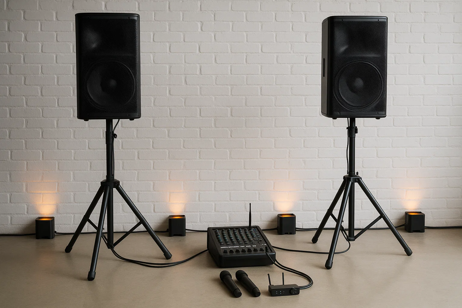 Two speakers with a mixer and uplights set for an event