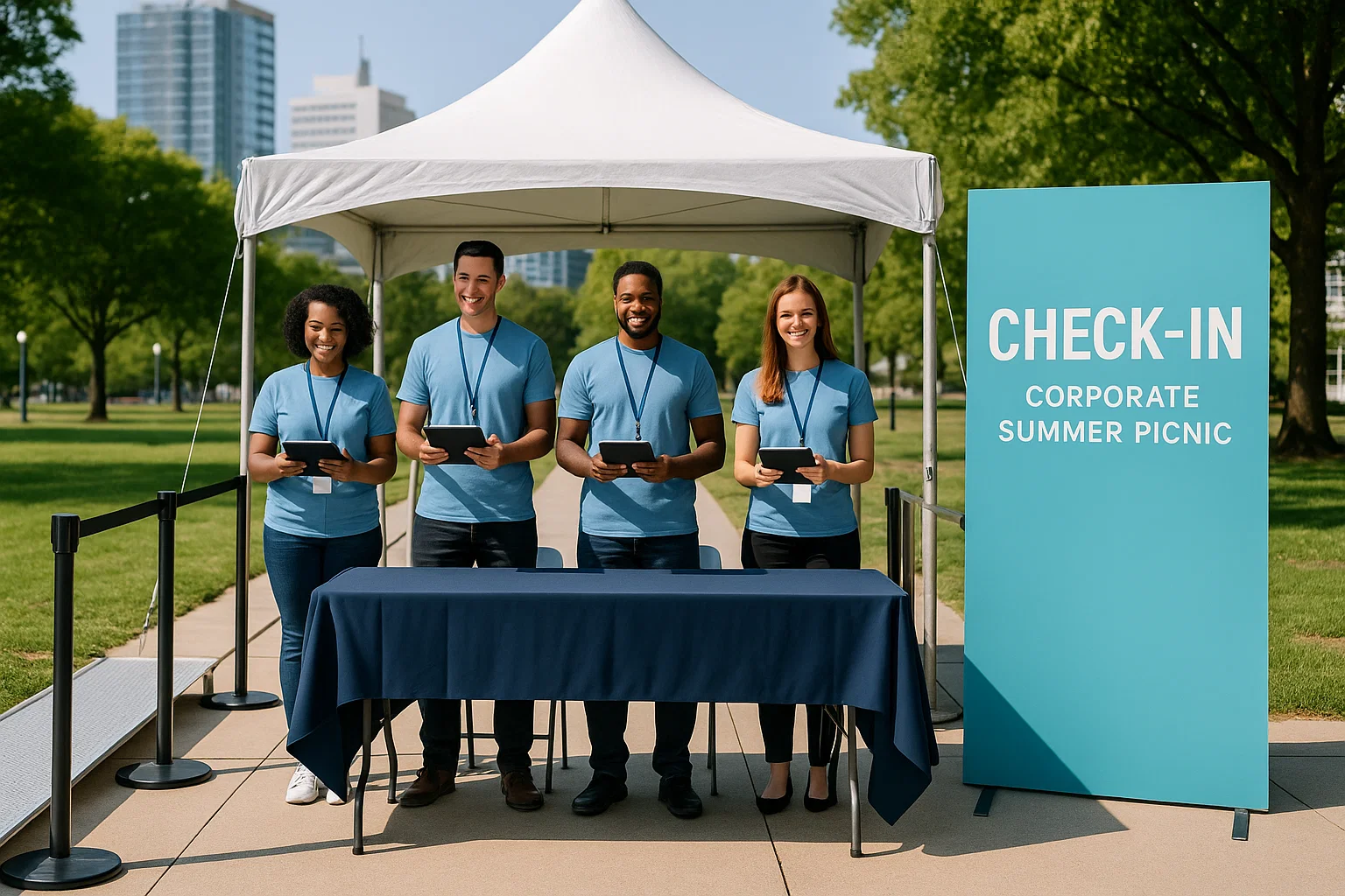Event staff welcoming guests at a corporate picnic check-in table with tablets, wristbands, and QR code signage under a white canopy