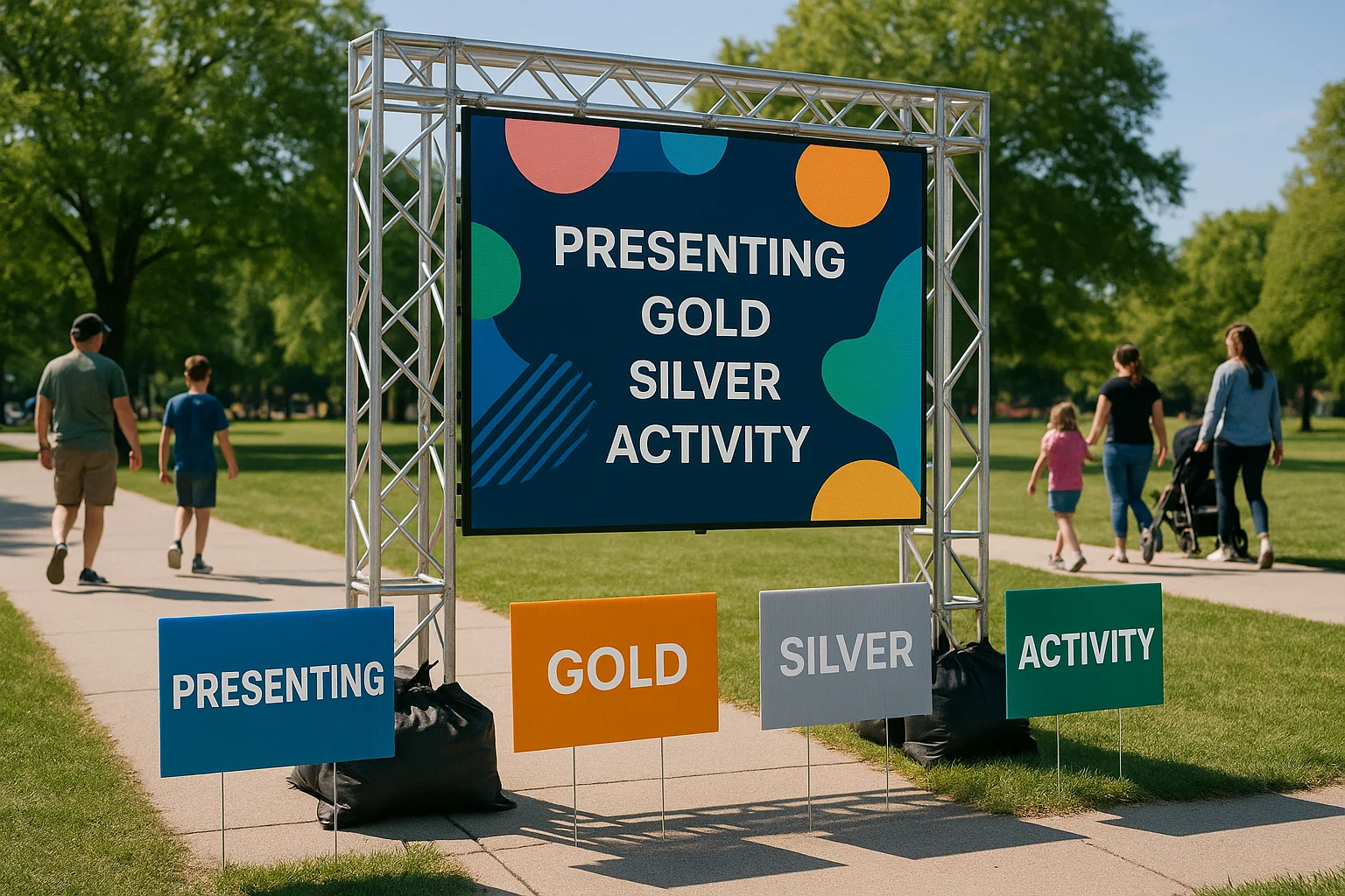 LED screen with a tiered sponsor loop and matching lawn signs along a carnival walkway