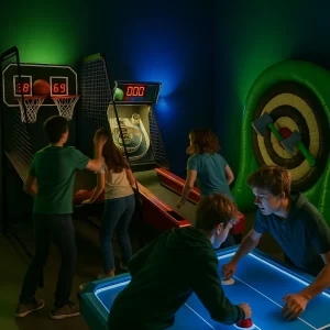 Pop-a-shot, Skee-Ball, and air hockey in team-color lighting