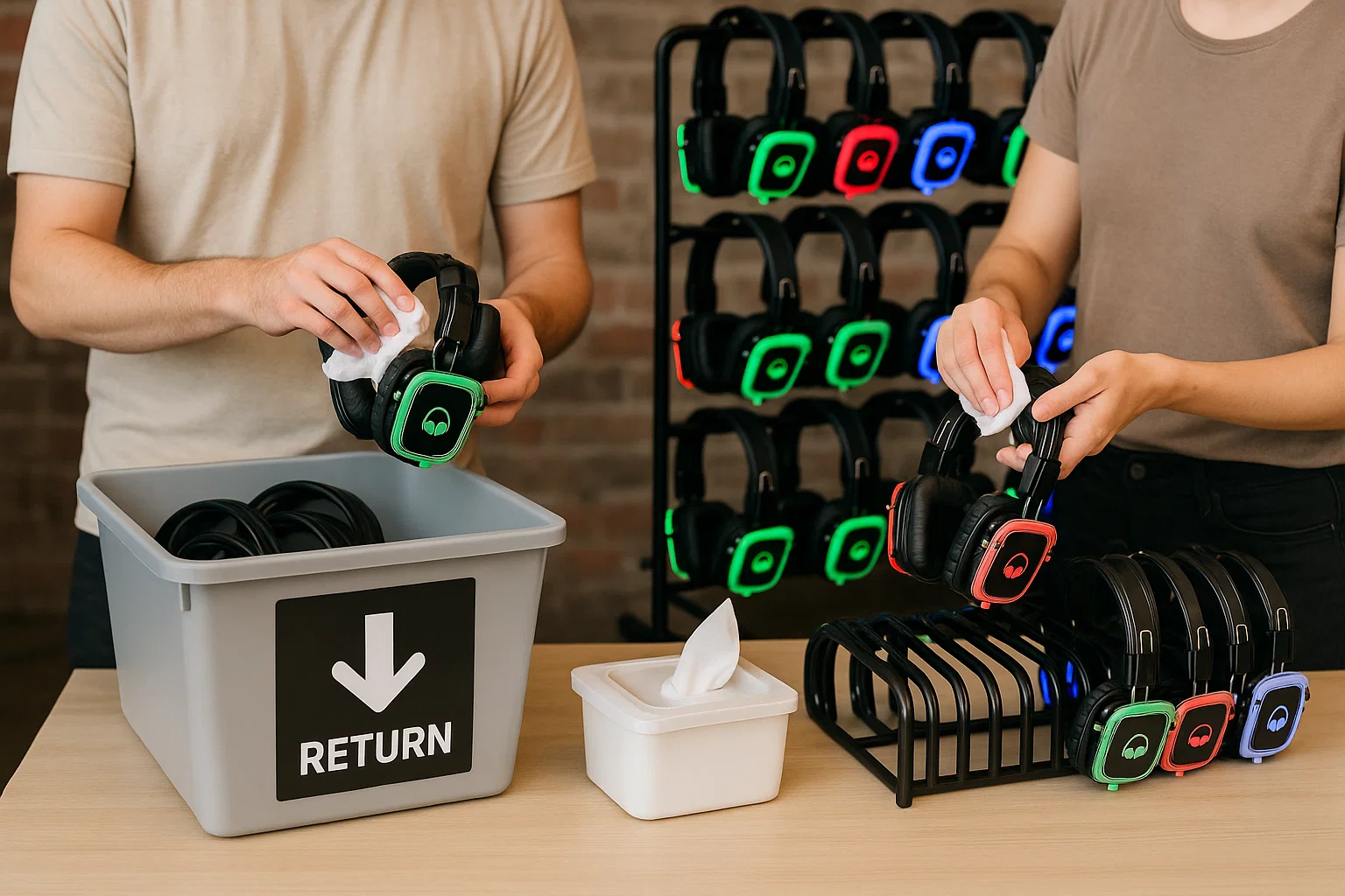 Staff sanitizing and re racking headphones at the return station with wipes and bins