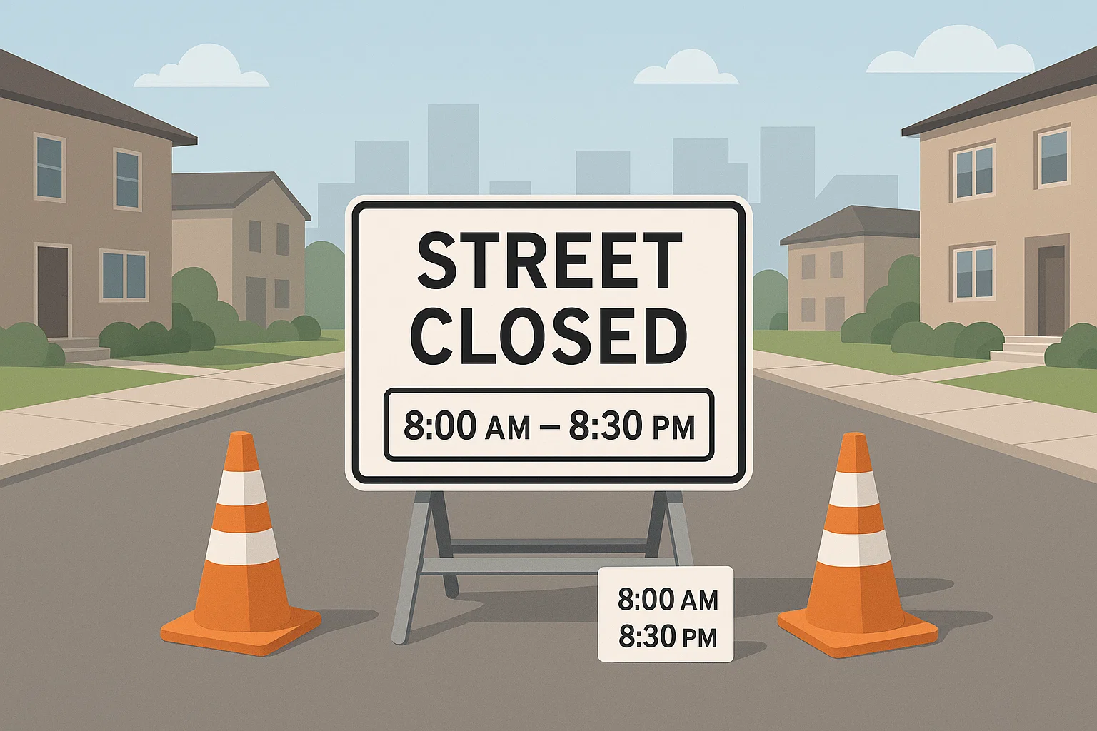 Street-closure sign and card showing block party hours 8:00 AM–8:30 PM