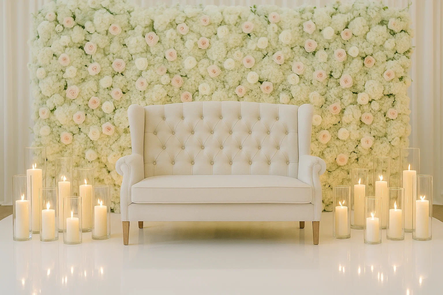 Escenario principal con sofá capitonado y pista blanca