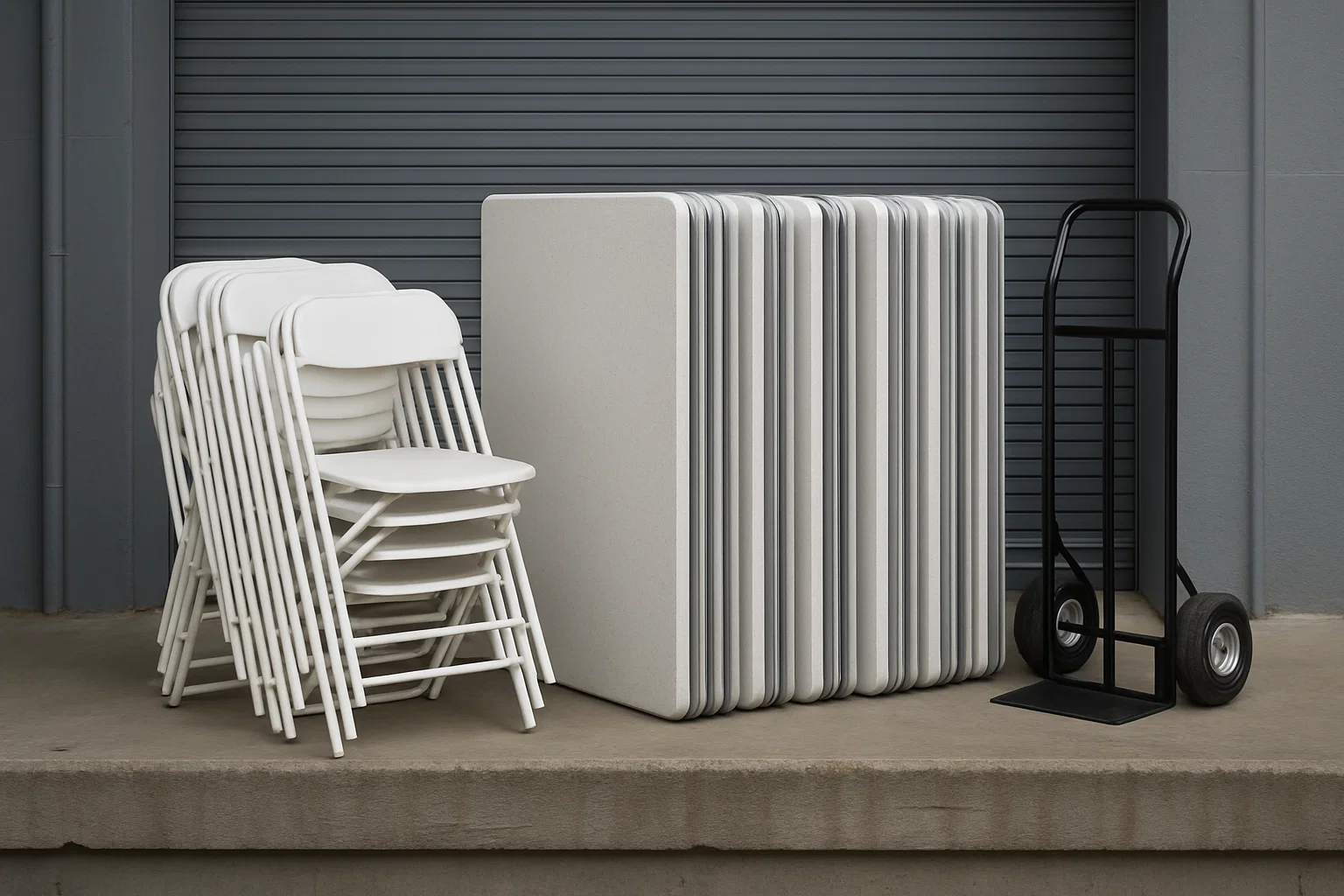 Stacks of white folding chairs and folded tables on a loading dock with a hand truck