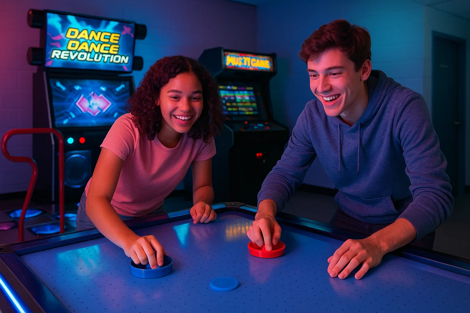 Lounge arcade con air hockey y DDR