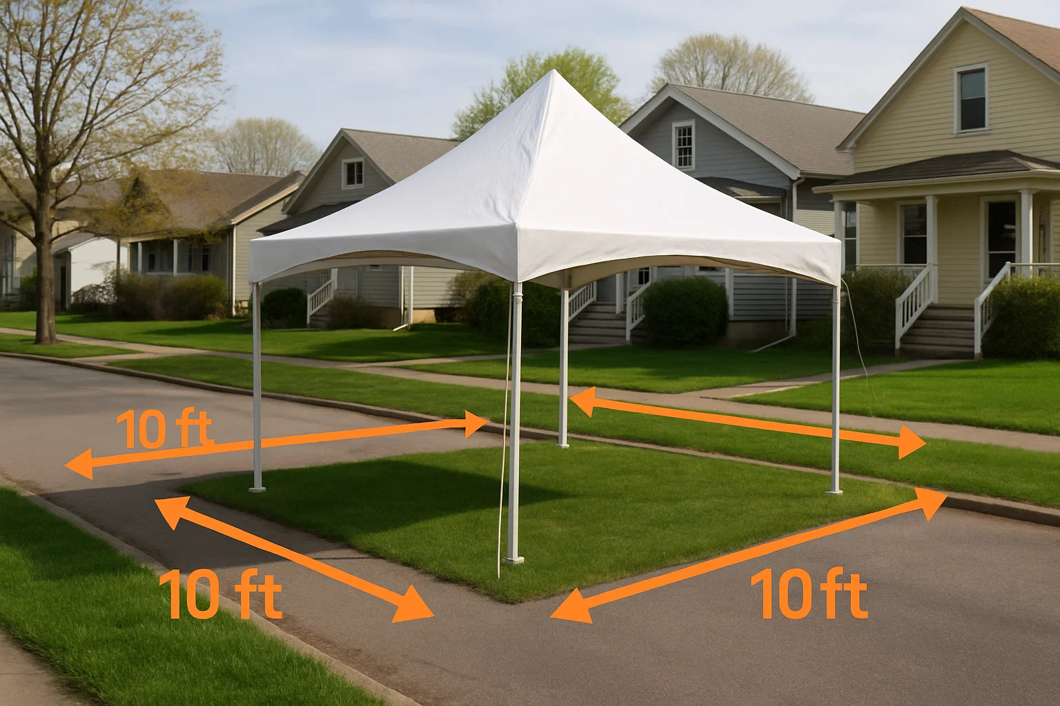 Small white event tent on a street with diagram lines showing safe clearances