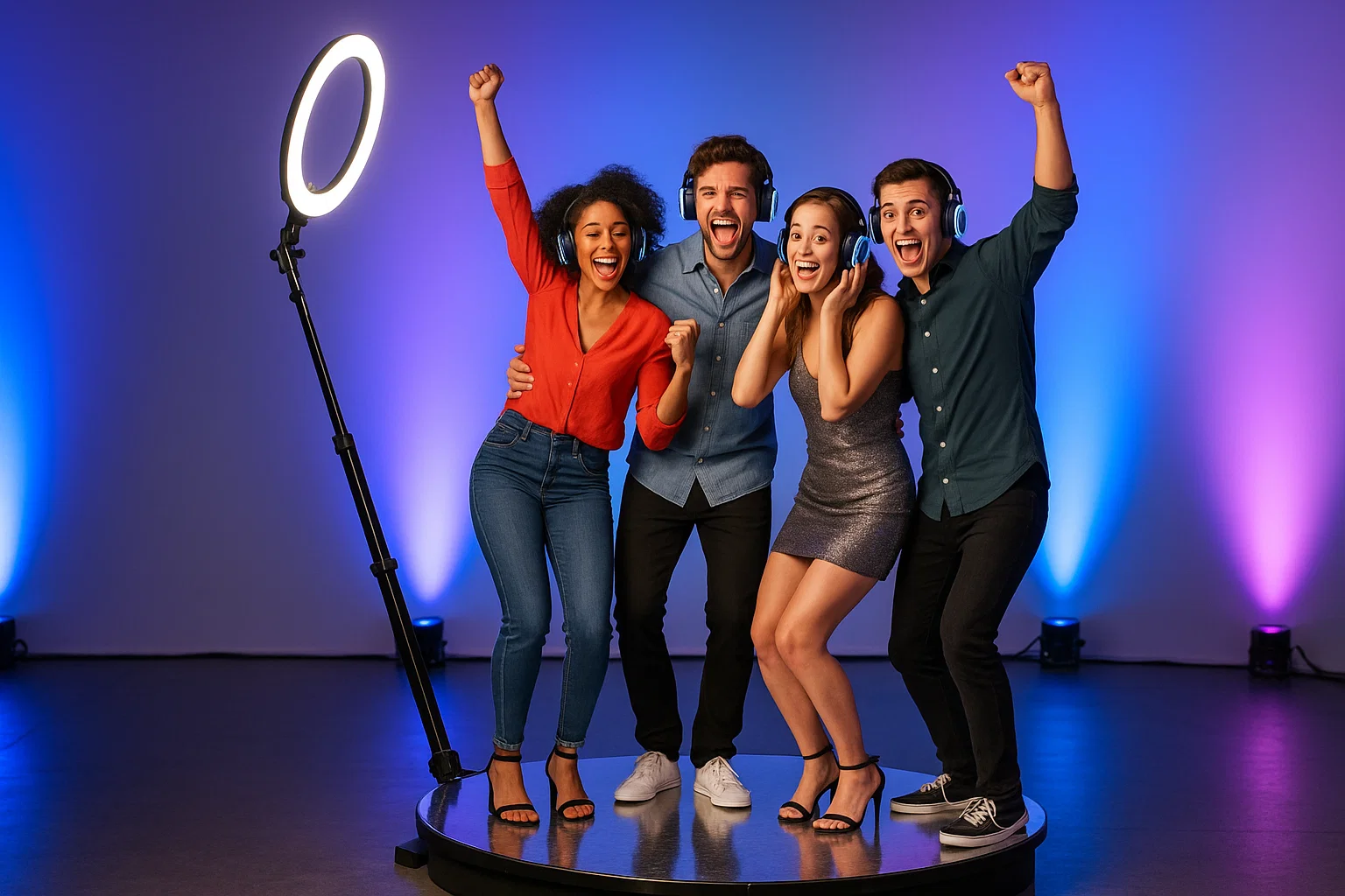 Guests enjoying a 360 photo booth adjacent to the silent disco with ring lights and a clean backdrop