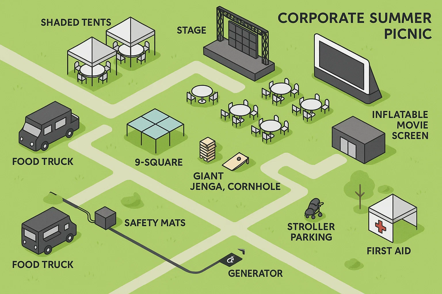 Top-down corporate picnic layout showing LED stage, inflatable screen area, tents, food trucks, games, and power stations