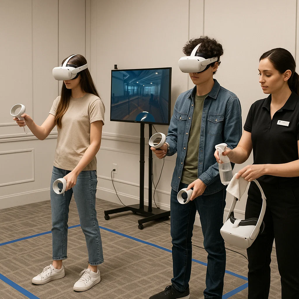 Two VR game stations with attendant and mirrored display