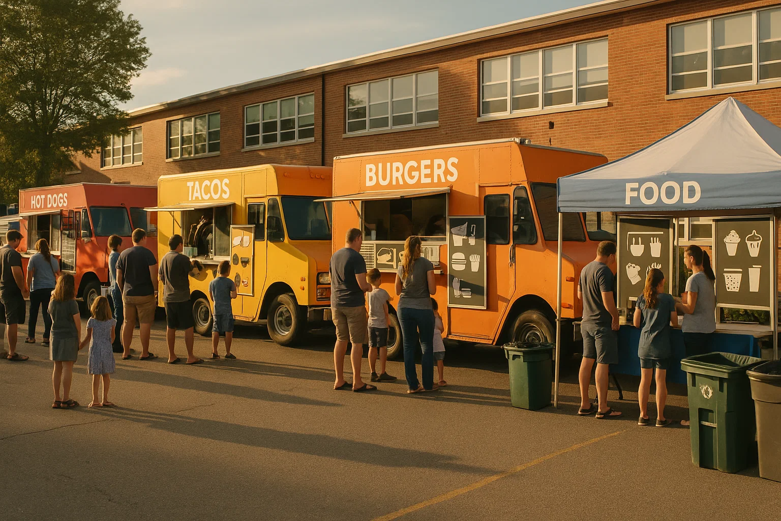 Families buying food from generic trucks and booths along a carnival lane