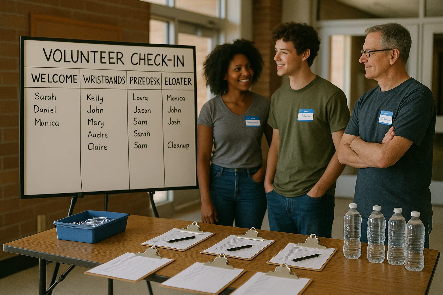 Volunteer check-in table with a shift board for welcome, wristbands, prize desk, floaters, and cleanup