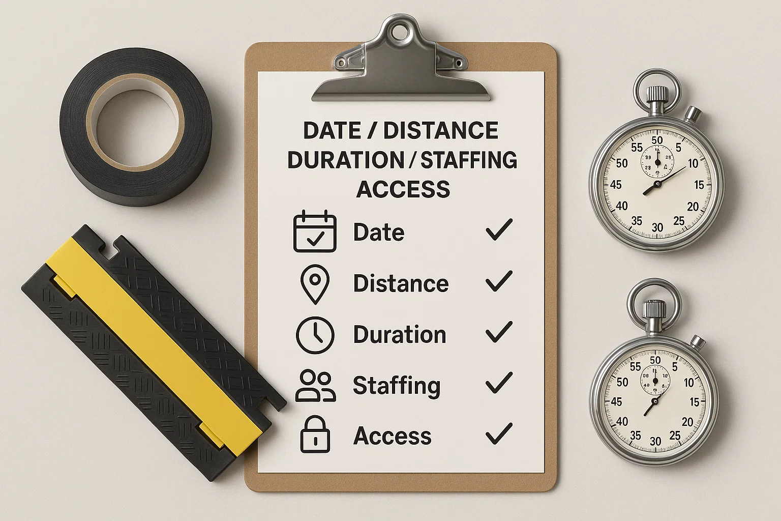 Flat-lay checklist showing date, distance, duration, staffing, and access as price factors
