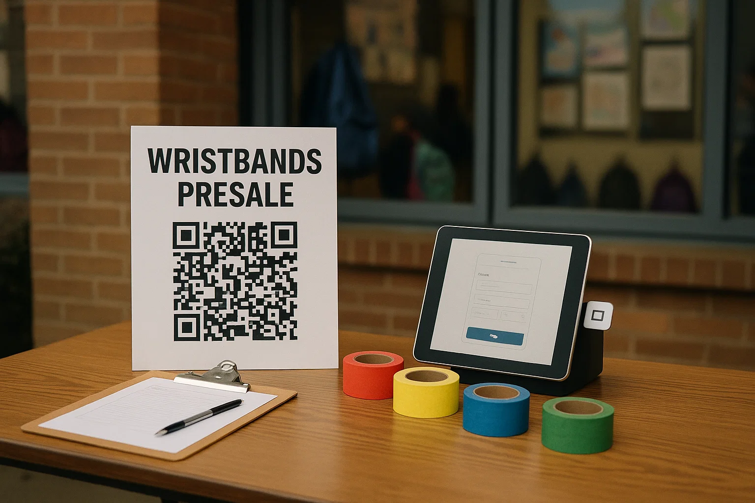 Wristband presale table with QR sign and payment tablet at a school entrance