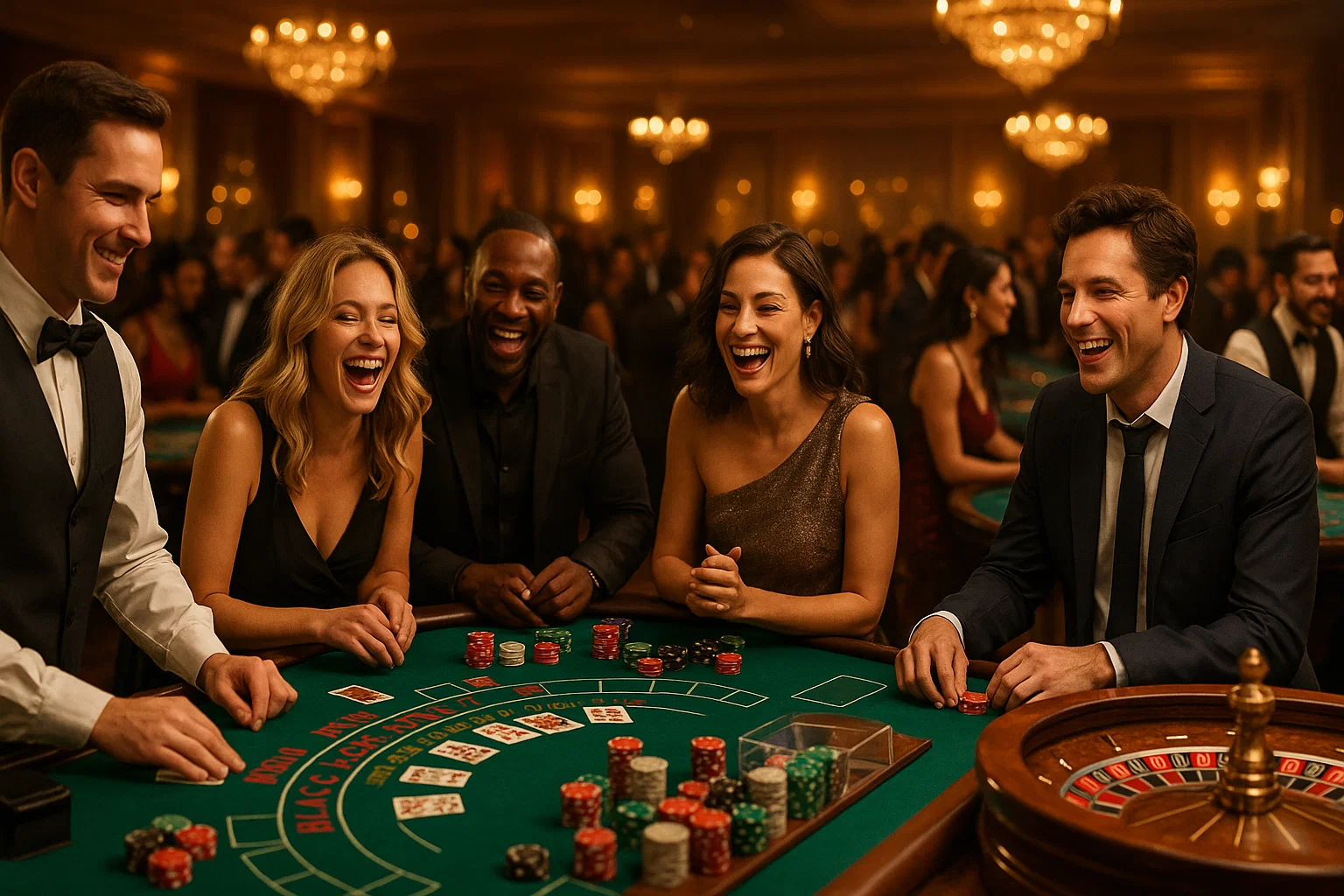 Guests playing blackjack, roulette and craps at a busy East Coast casino night event with professional dealers and green felt tables.