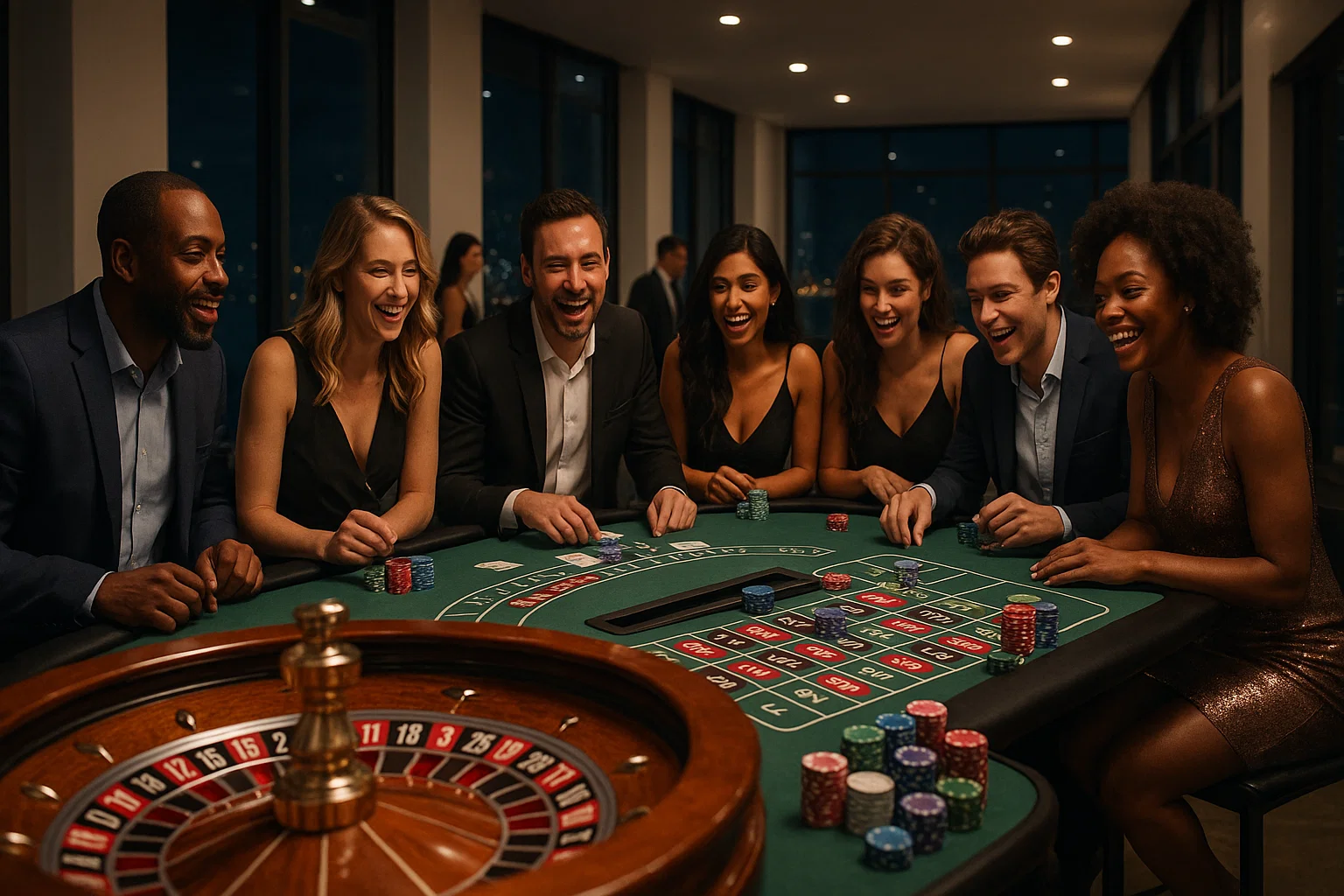 New Jersey casino night scene with roulette and blackjack tables and guests enjoying a coastal-inspired venue.