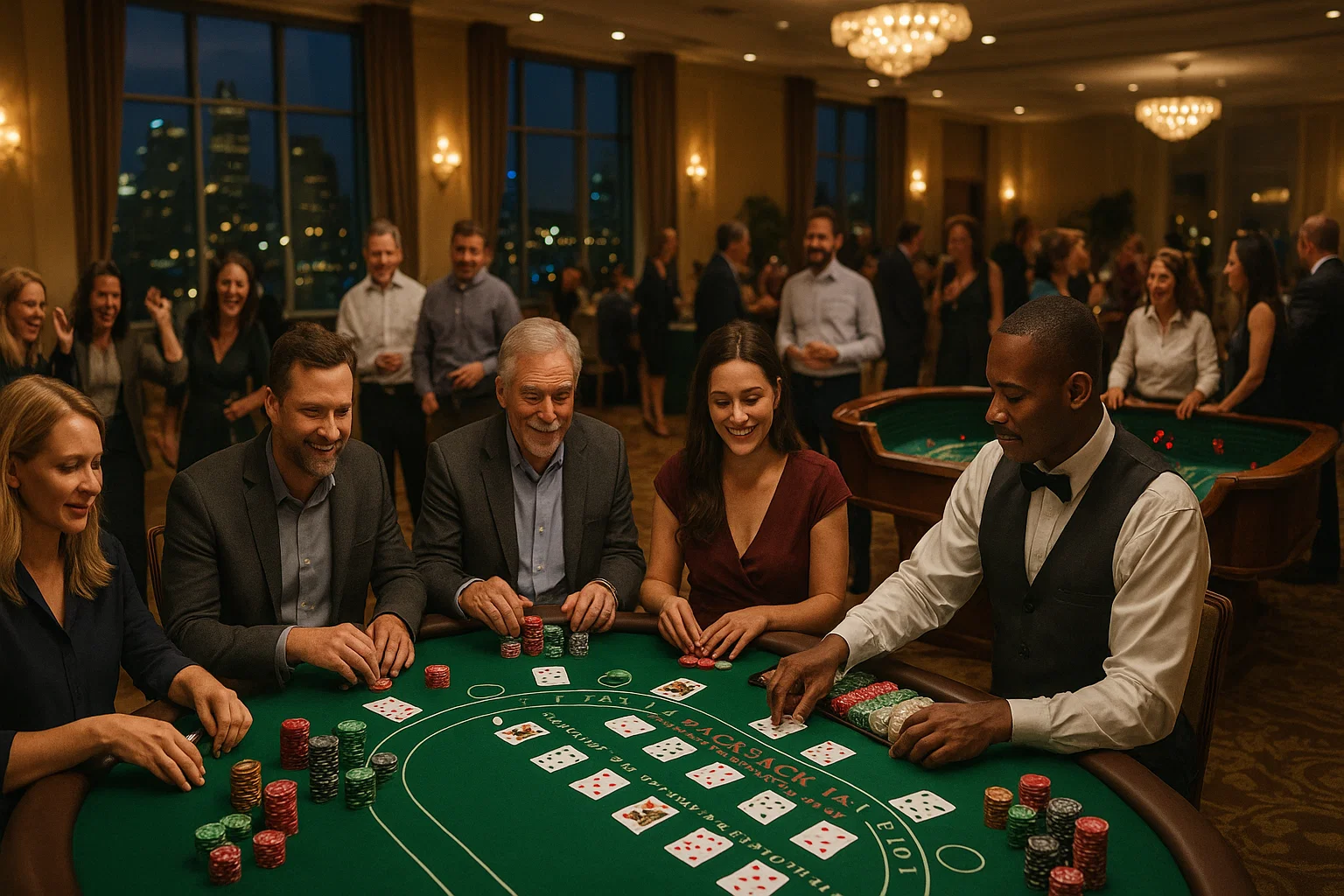 Pennsylvania casino night with guests gathered around blackjack and craps tables in a hotel ballroom.