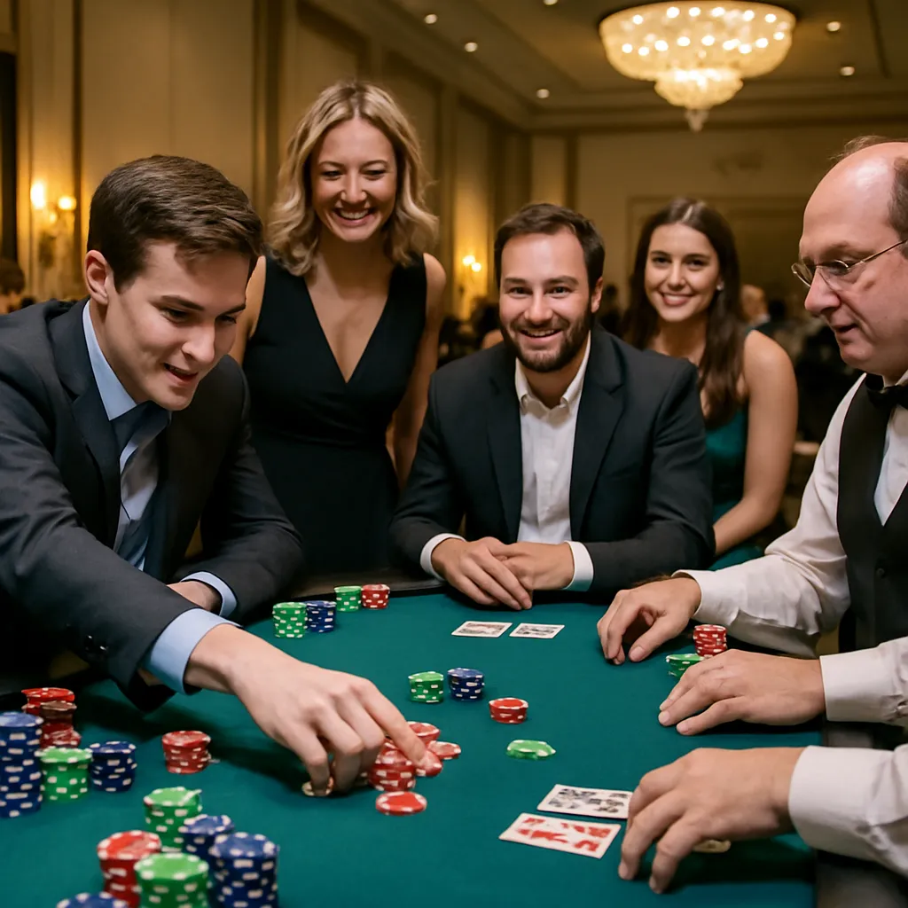 Guests buying extra play money at a casino night fundraiser.