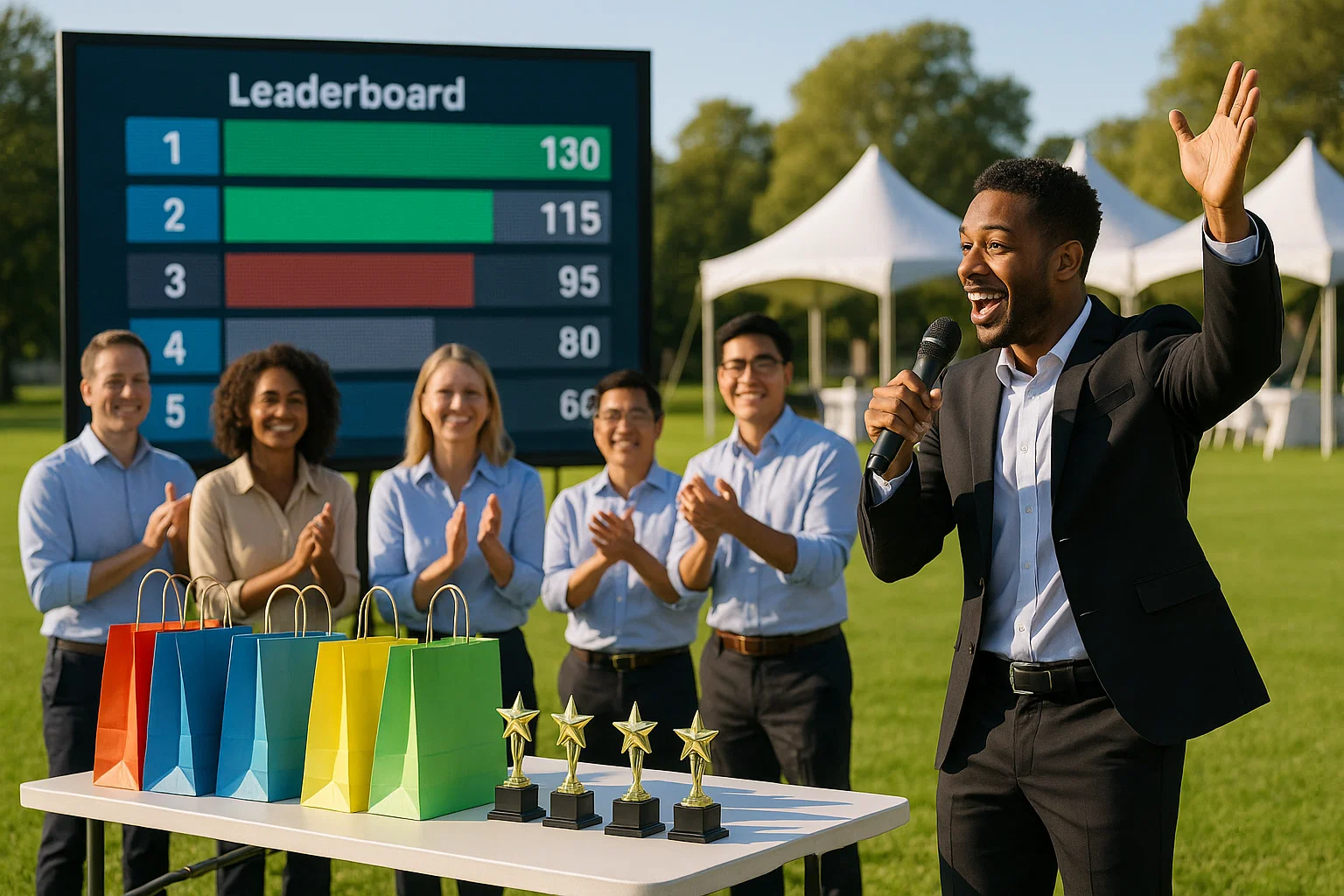 Prize table with small trophies and a large LED scoreboard showing winners at a Philadelphia corporate summer picnic