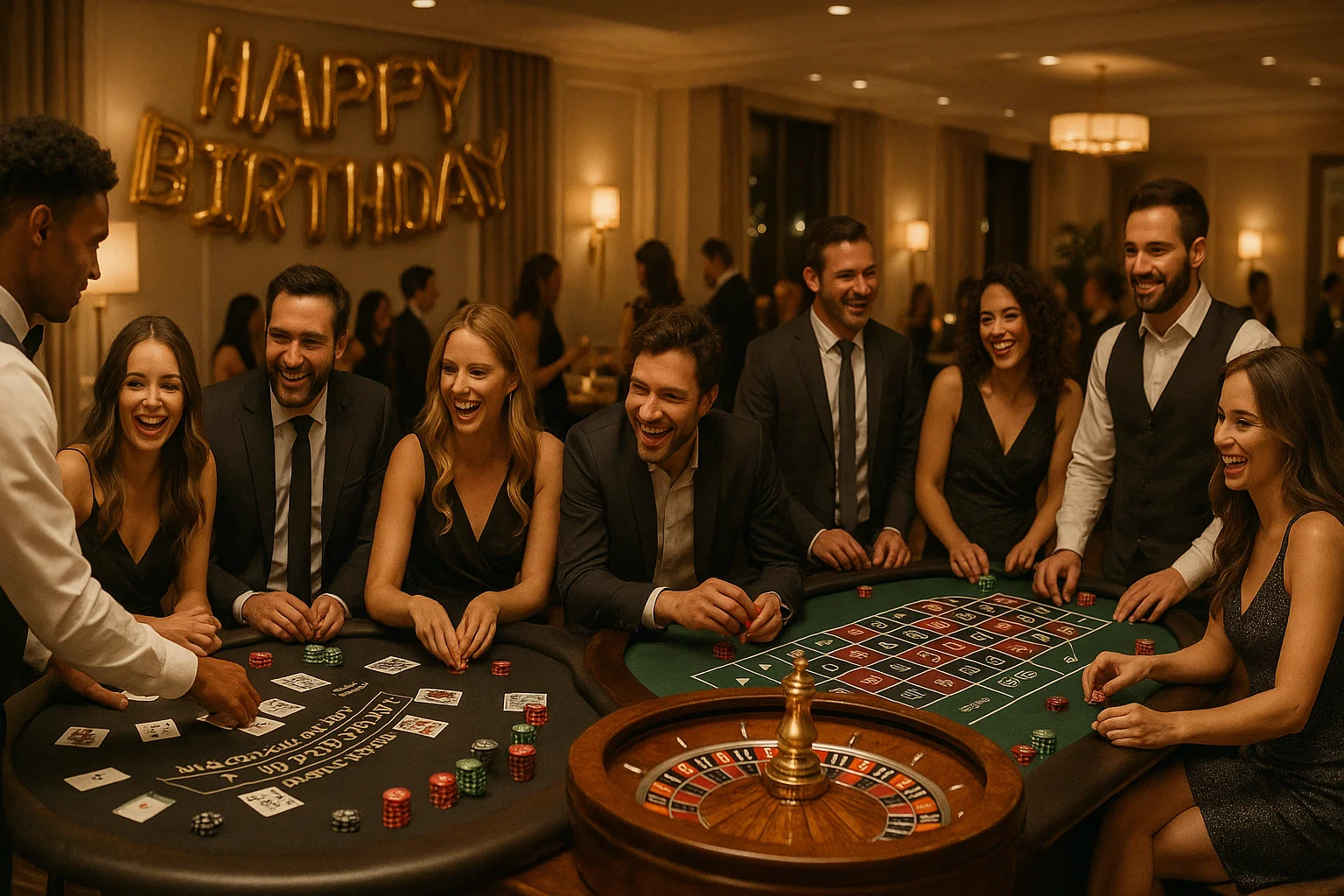 Adult casino night birthday party rentals near Philadelphia with blackjack and roulette tables from Party Pros East Coast