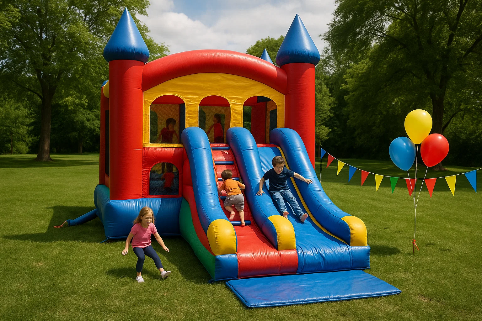 Bounce house and inflatable slide birthday party rentals set up in a Philadelphia rowhome backyard by Party Pros East Coast
