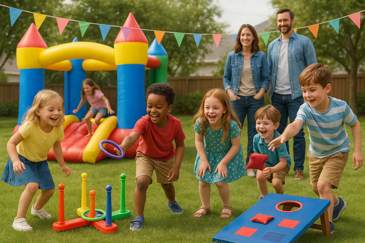 Kids playing on safe inflatable and carnival games at a Philadelphia kids birthday party from Party Pros East Coast