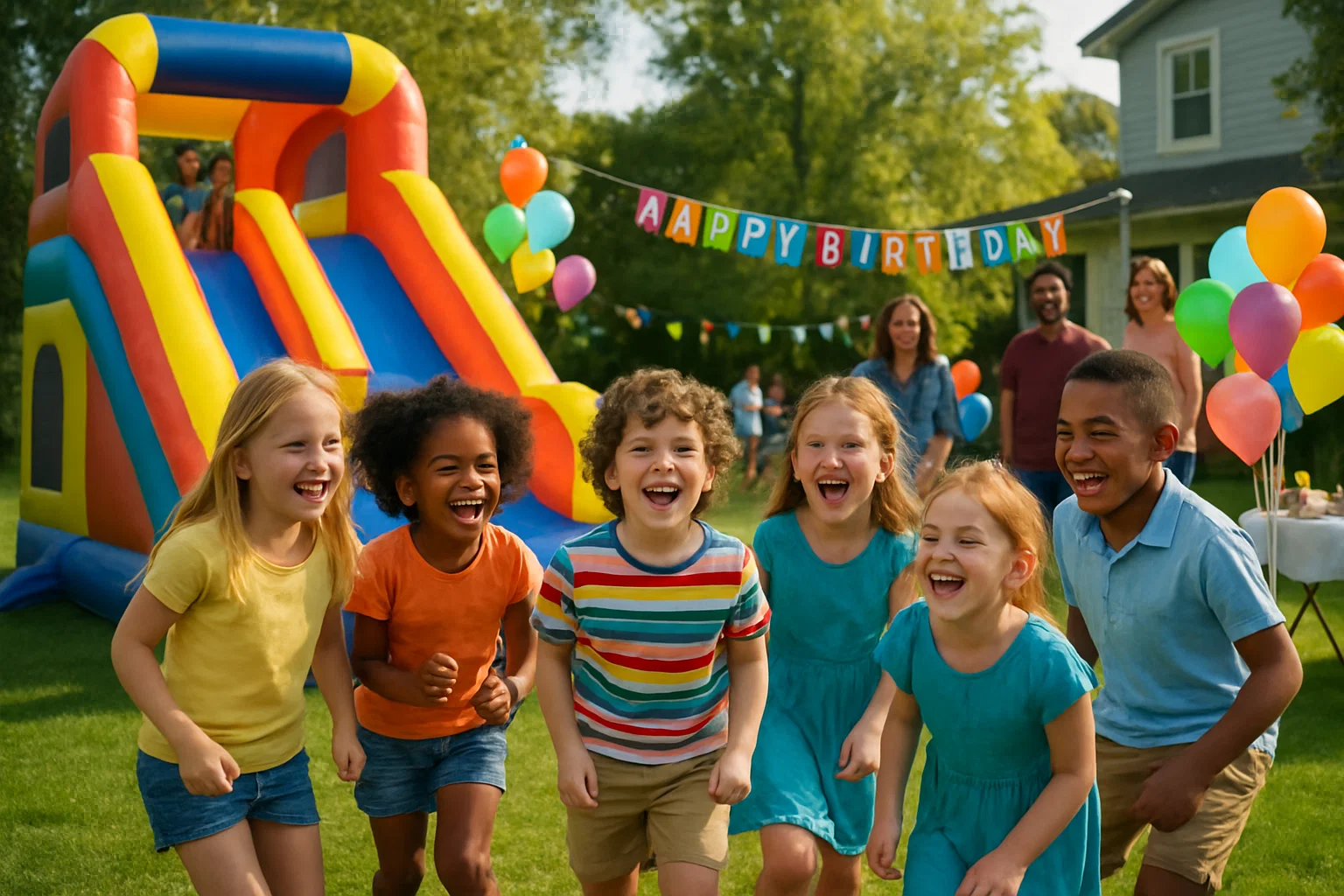 Kids birthday party rentals in Philadelphia with inflatable slide and smiling children from Party Pros East Coast