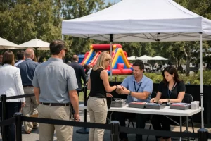 Corporate event check-in with wristbands and organized queues for inflatable attractions.