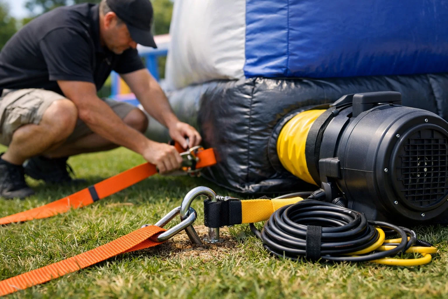Event staff performing a safety inspection and secure anchoring for commercial inflatables at a corporate event.