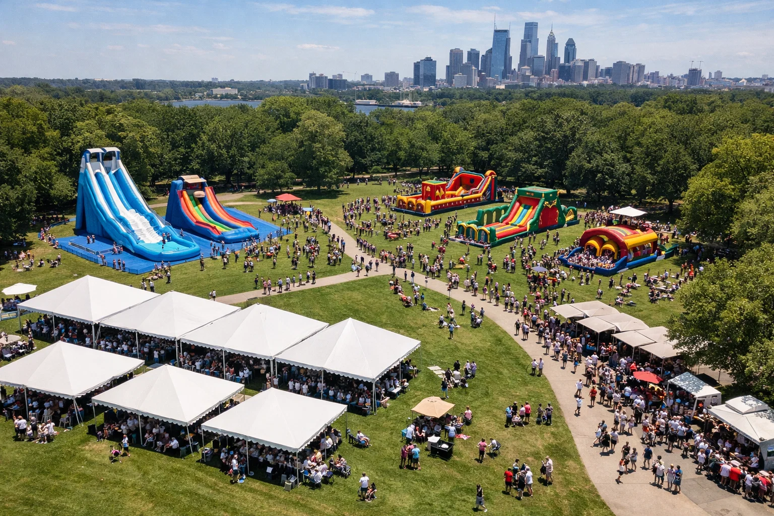 Aerial view of a corporate family day event with inflatable water slide zone, games zone, and seating areas.
