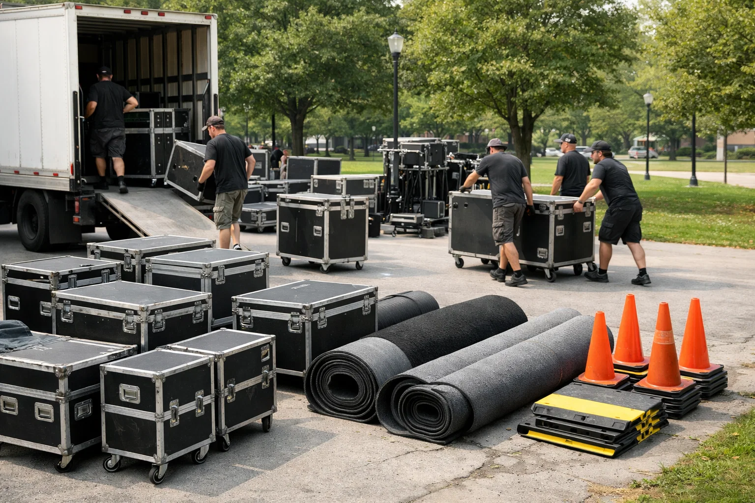 Event load-in and equipment staging for corporate family day inflatable rentals and entertainment setup.