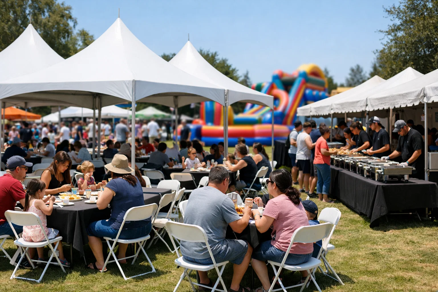 Corporate family day comfort zone with food service area, shade tents, and seating near inflatable attractions.