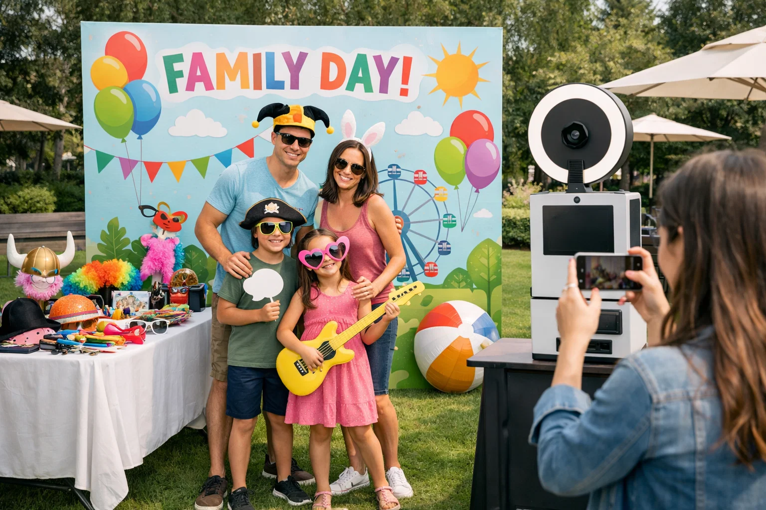 Corporate family day photo moment area with guests taking pictures near event entertainment rentals.