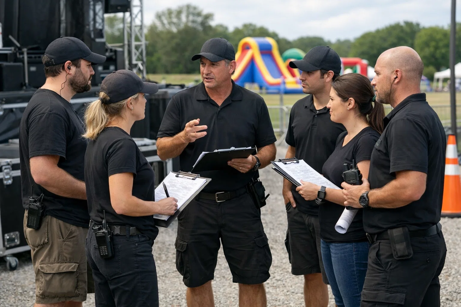 Event staff briefing before a corporate family day to coordinate safety, crowd flow, and inflatable supervision.