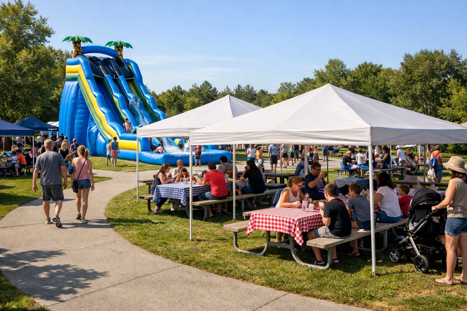 Corporate family day zone with an inflatable water slide, seating area, and shade tents for employees and families.