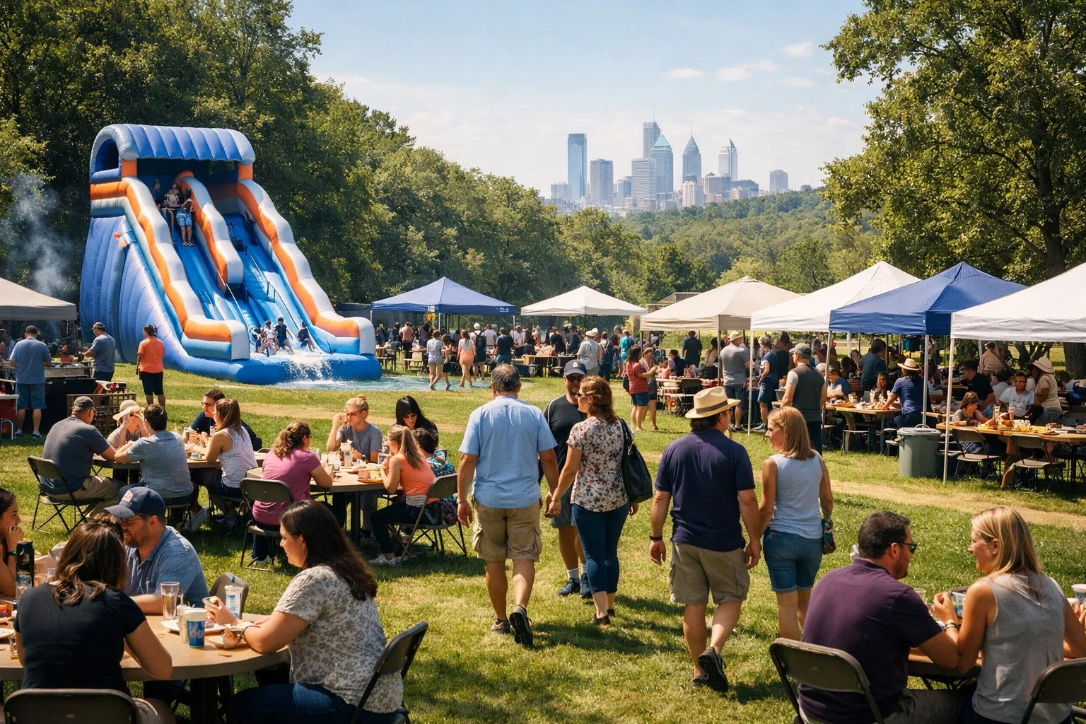 Corporate picnic family zone with an inflatable water slide and organized event area in the Philadelphia suburbs.
