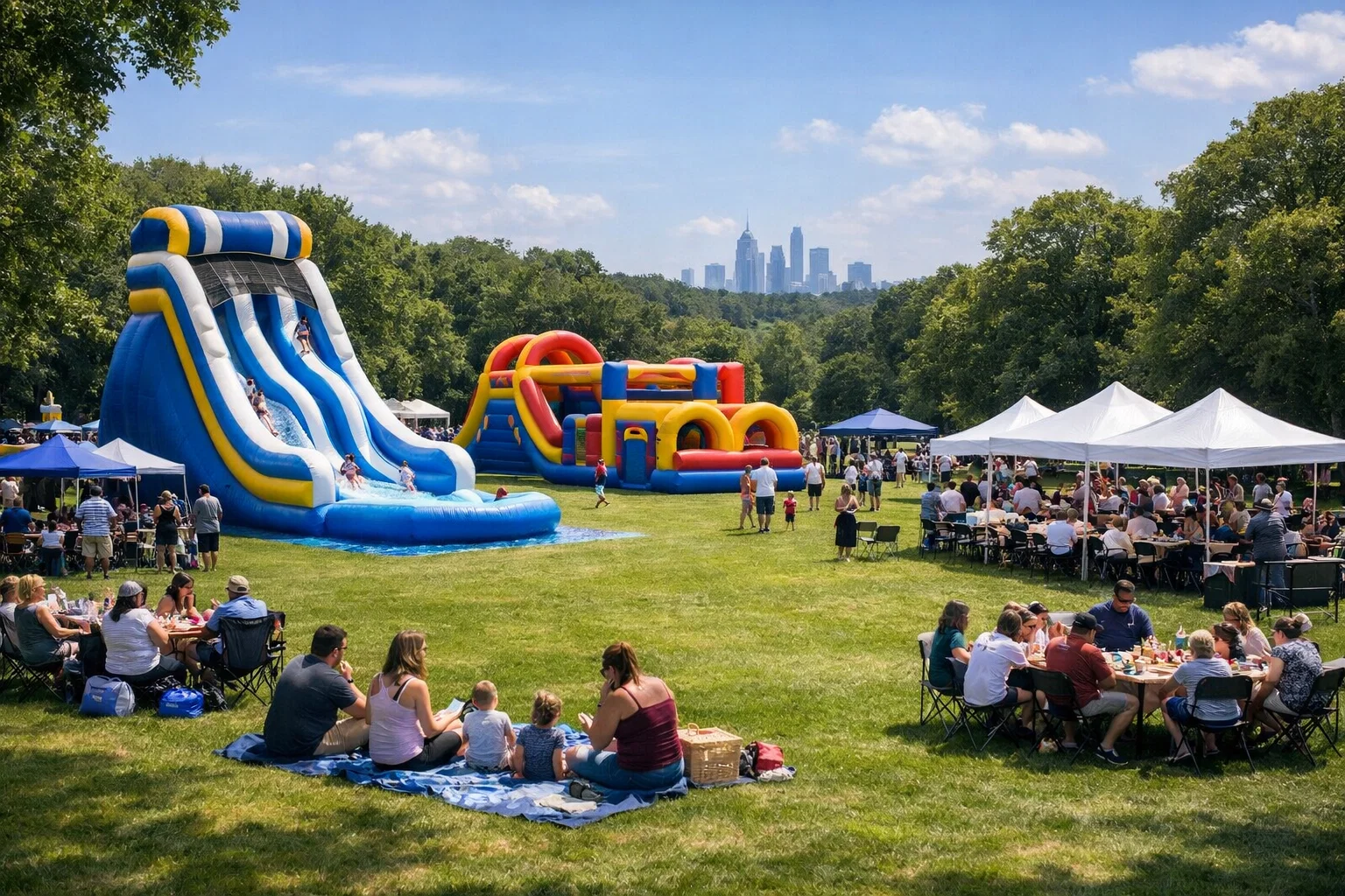 Corporate company picnic with inflatable rentals and family activities in the Philadelphia suburbs.