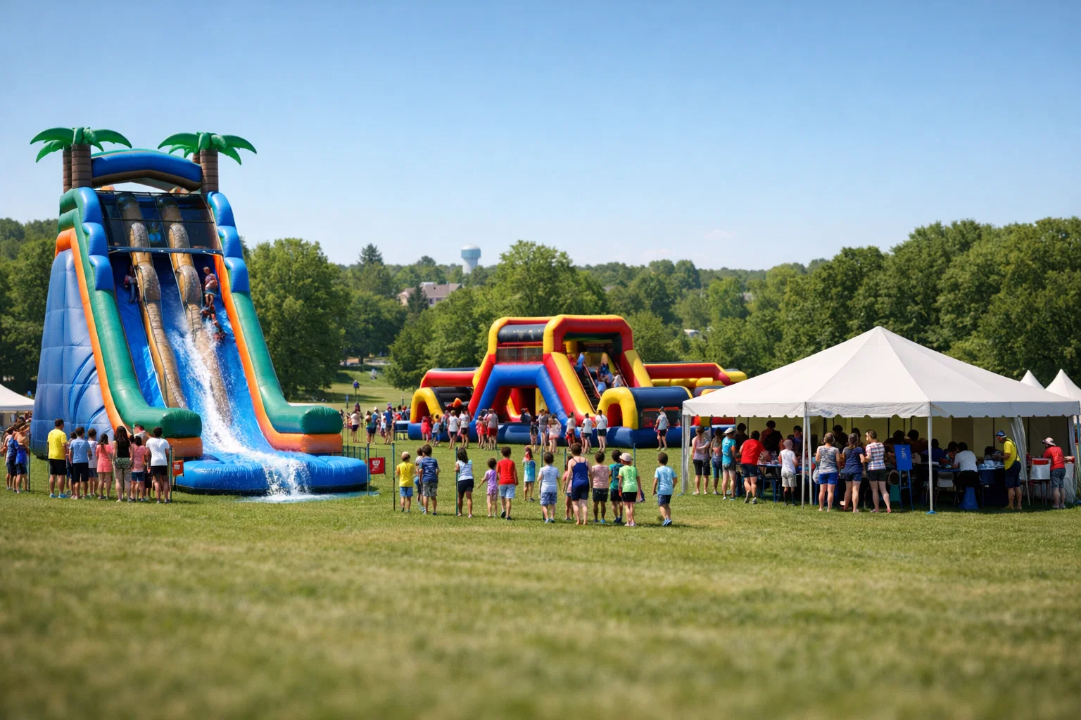 Large-scale inflatable rentals at a school field day near Philadelphia, PA with water slides and event staff.