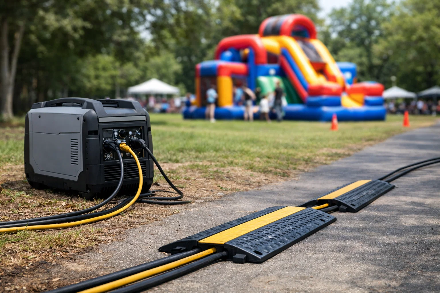 Event power plan with generator placement and protected cables for inflatable rentals at a corporate picnic.